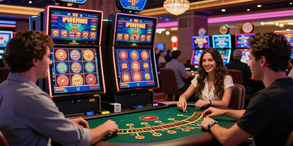 Exciting online gaming at 123b casino featuring vibrant slot machines and table games in a captivating digital environment.