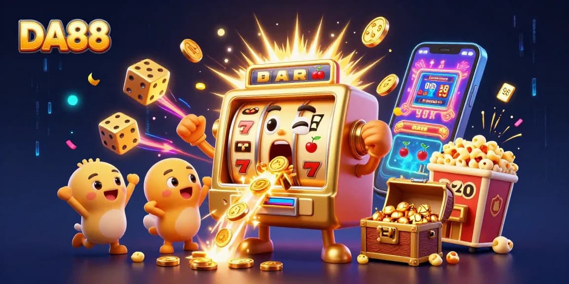 Experience thrilling jackpots with DA88 as a cheerful slot machine wins, surrounded by excitement and dynamic casino elements.
