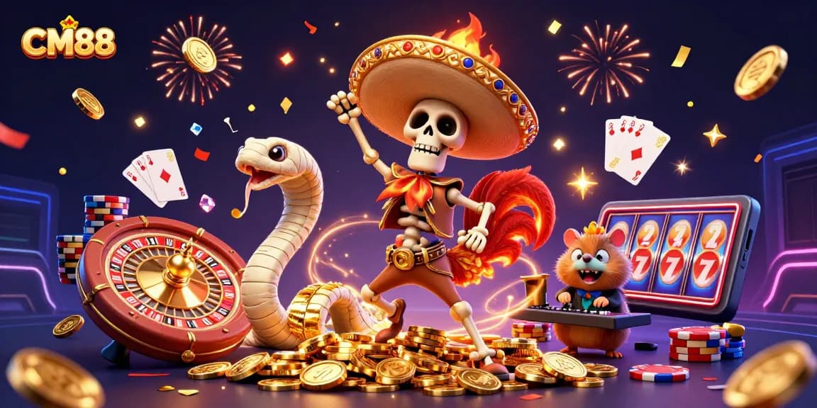 CM88 celebrates with a mariach skeleton, mummy snake, and DJ hamster amidst casino riches.