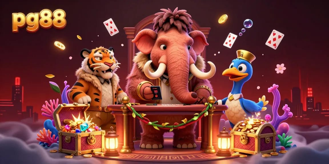 Celebrate with pg88 as a vibrant casino scene unfolds featuring unique characters and elements.