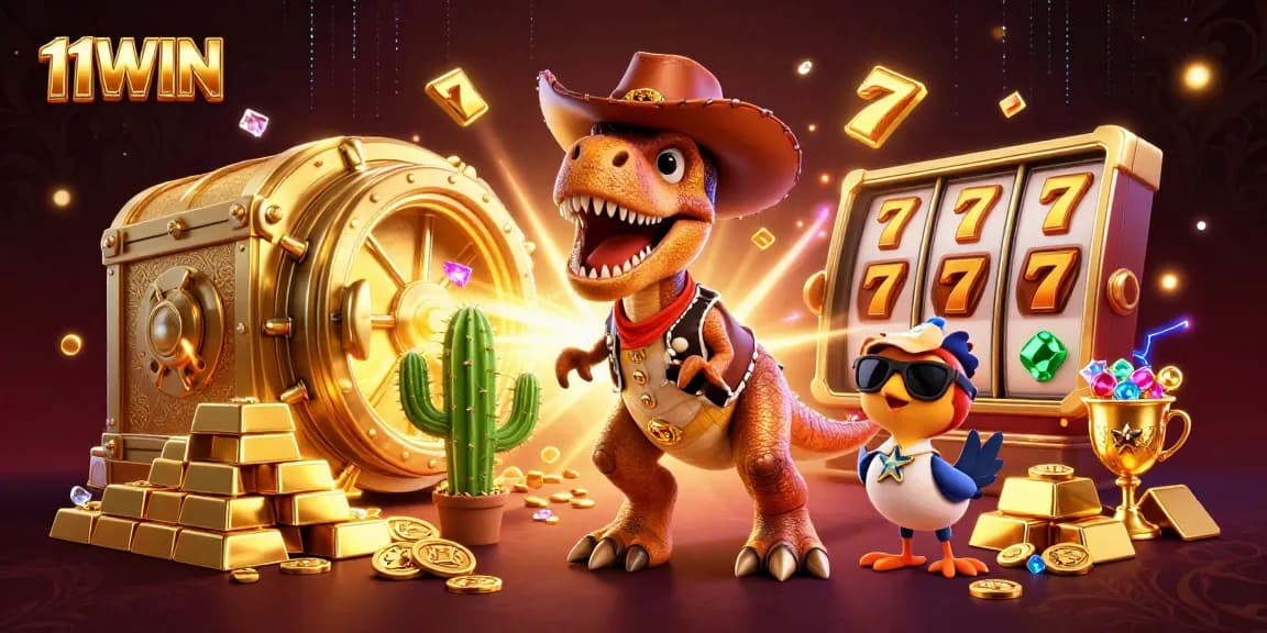 Experience thrilling slots with 11WIN in a vibrant casino scene featuring treasure elements.
