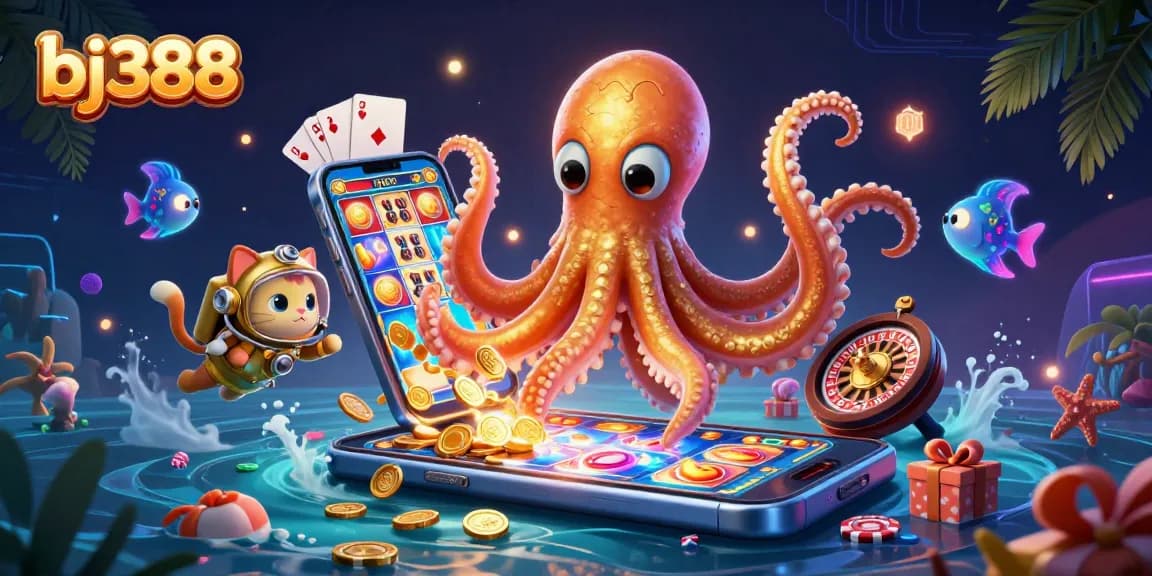 Bettors enjoy the engaging features of bj388, where a colossal kraken and diving cat celebrate with slots and poker elements.