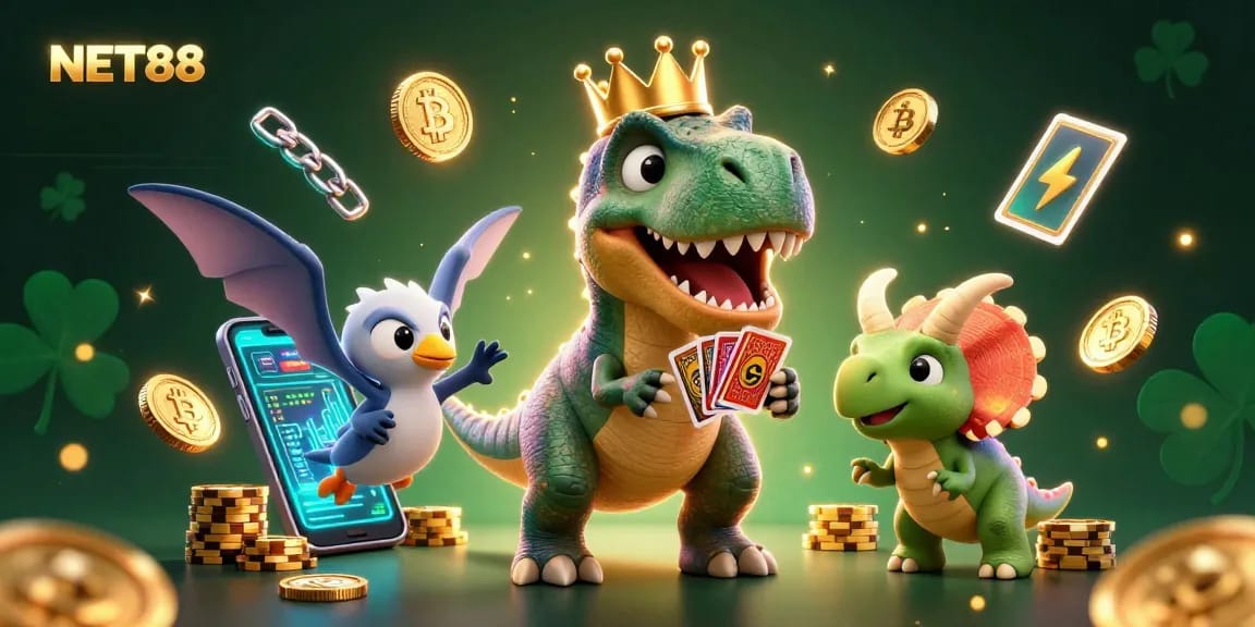 NET88 reveals a vibrant scene with a T-Rex, Pterodactyl, and Triceratops engaging in gambling activities amidst crypto elements.