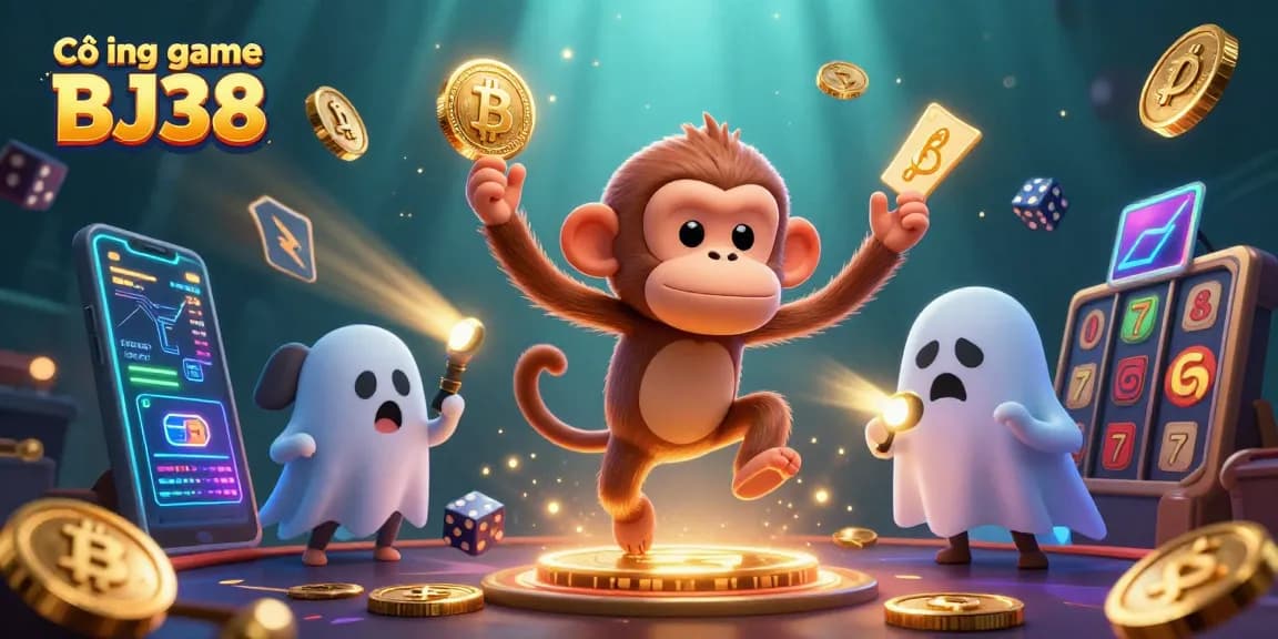 Cổng game BJ38 showcases a mischievous poltergeist monkey juggling casino tokens amidst a haunted setting, with dynamic gold sparkle effects.