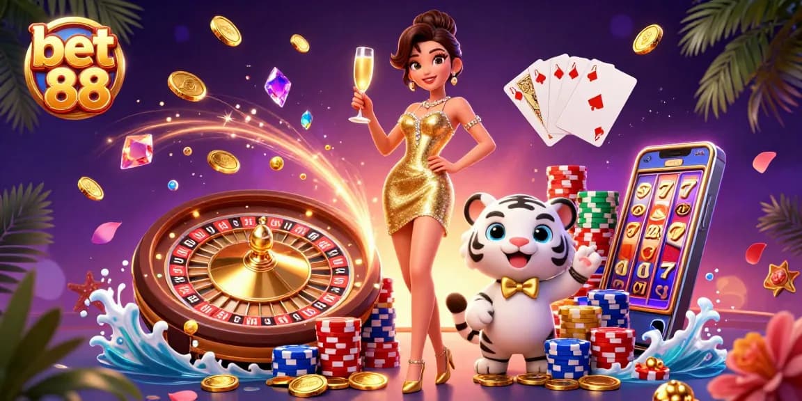 Bet 88 features a glamorous woman and lucky tiger, showcasing vibrant casino elements.