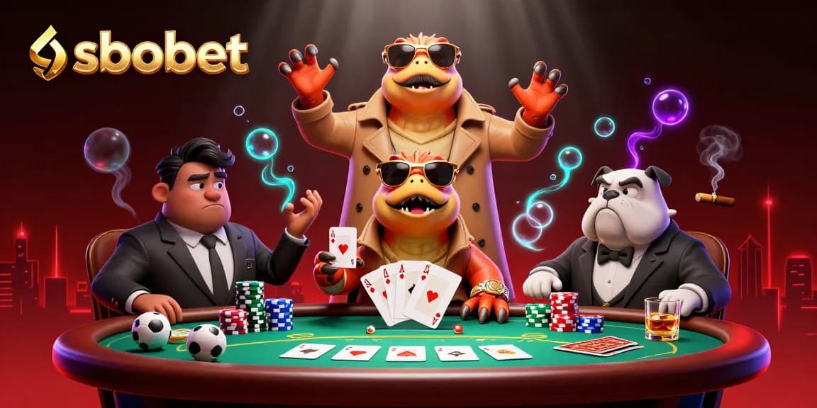 Experience thrilling sbobet sports betting excitement with vibrant raptors and poker elements in a dynamic casino scene.
