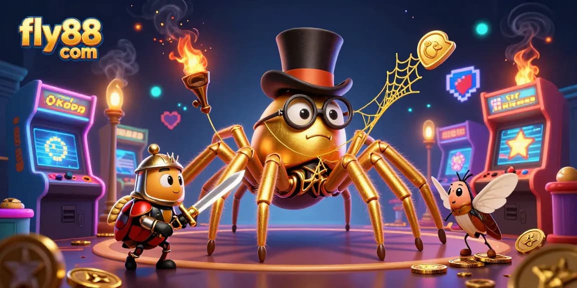 Win big at fly88 com with thrilling casino adventures featuring giant golden tarantula and brave beetle knight.