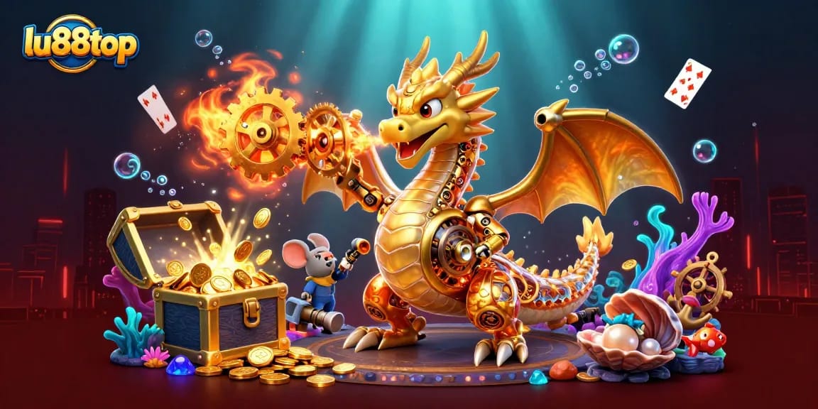 Engage with thrilling games at lu88top featuring a golden biomechanical dragon celebrating wins.