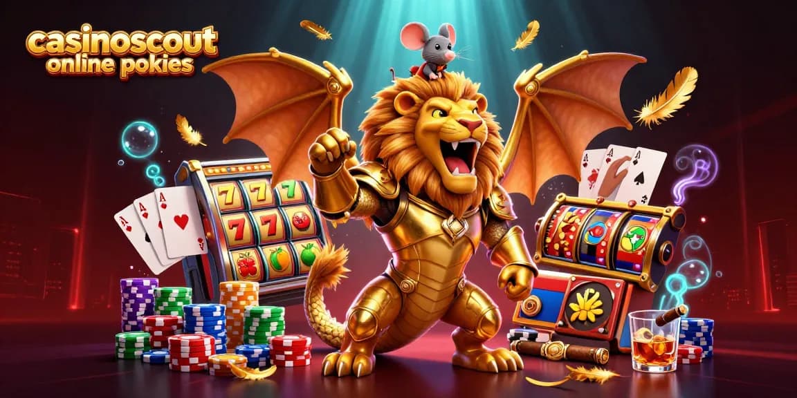 Experience the thrill of casinoscout online pokies with a vibrant 3D illustration of a roaring chimera and dynamic slot elements.