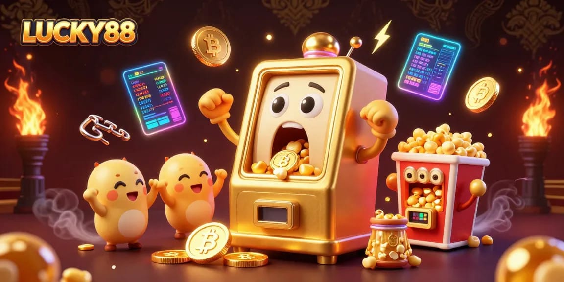 LUCKY88 slot machine hits jackpot, releasing coins in vibrant casino scene.