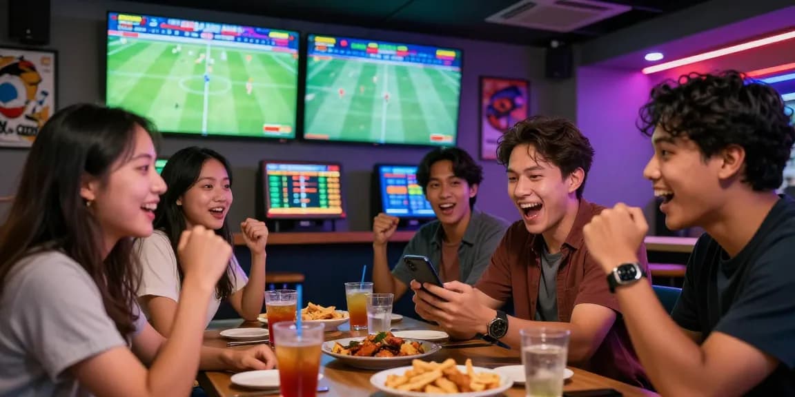 Exciting scene of friends enjoying Taruhan Mix Parlay Bola88 in a lively sports betting lounge.