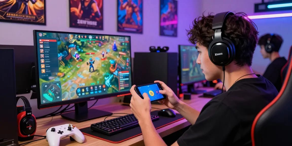 Player enjoying Zowin APK on smartphone in a vibrant gaming room with LED lights and colorful game displays.
