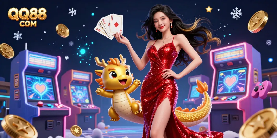 Engage with vibrant gameplay at QQ88 COM, featuring a striking Asian woman and a golden dragon amidst lively casino elements.