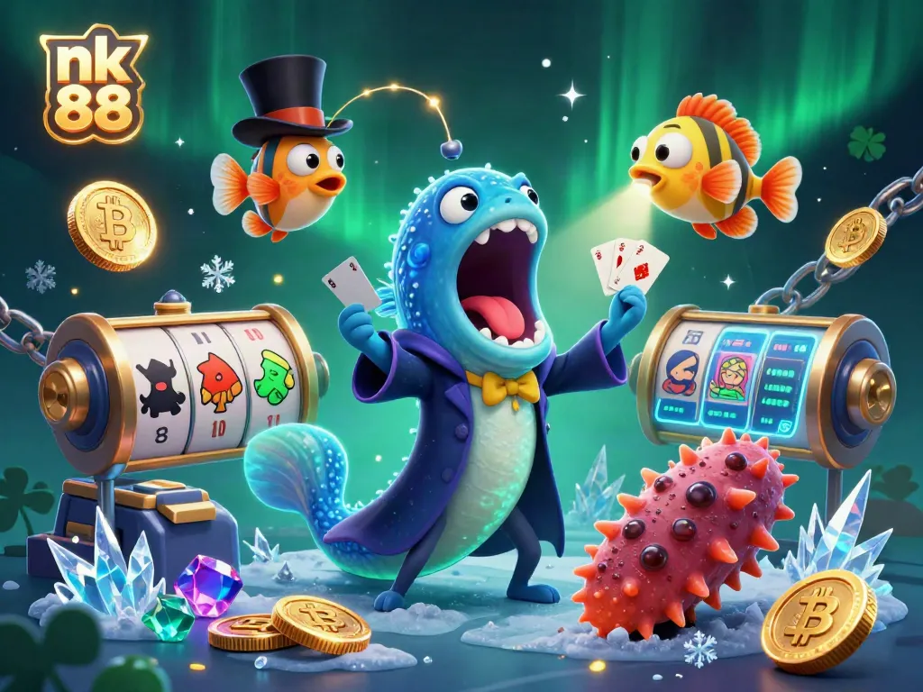 Experience magic with nk 88: A cartoon eel performing card tricks amid glowing crypto coins and slot reels.