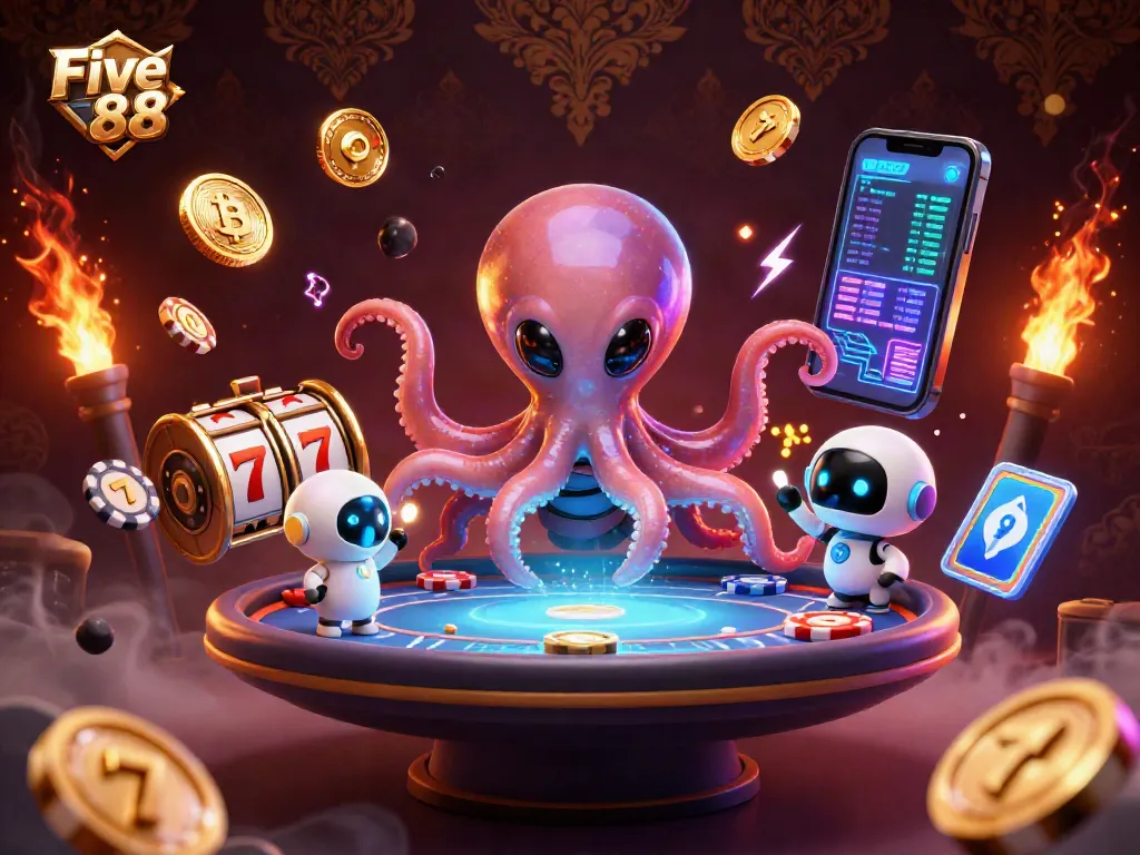 Engage in thrilling gameplay at Five 88 with an exciting scene of an alien octopus and holographic poker.