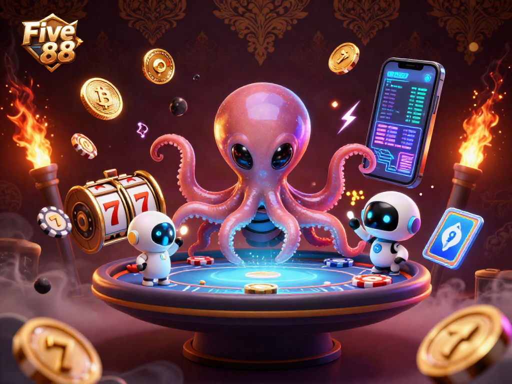 Engage in thrilling gameplay at Five 88 with an exciting scene of an alien octopus and holographic poker.