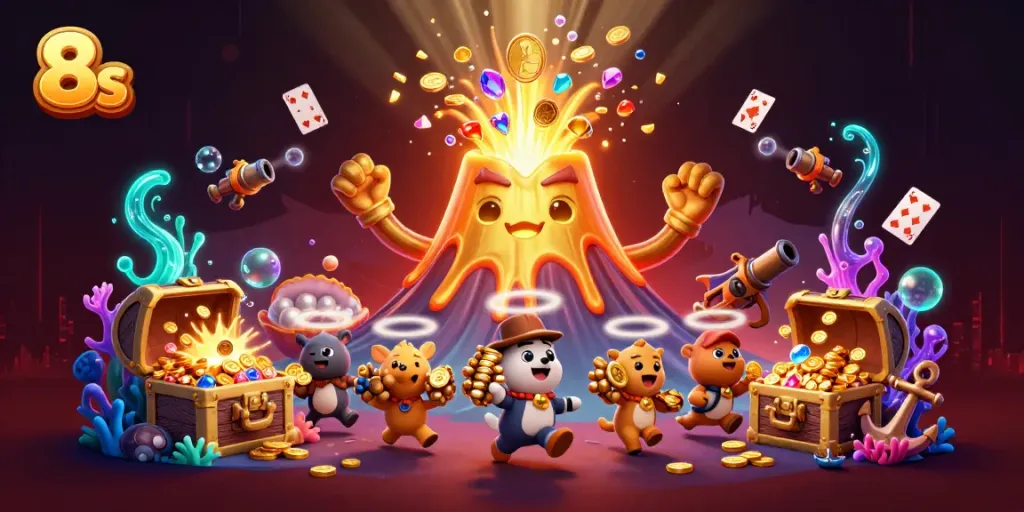 Experience excitement and thrill at 8s with a golden volcano overflowing with treasure in this vibrant digital illustration.