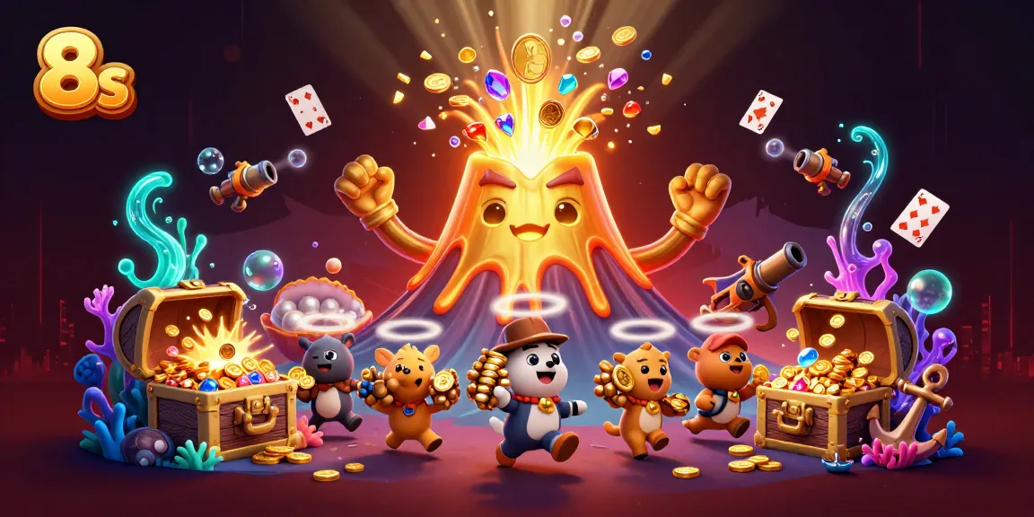 Experience excitement and thrill at 8s with a golden volcano overflowing with treasure in this vibrant digital illustration.