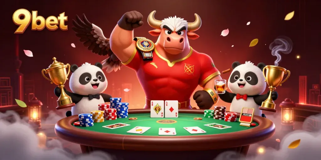 9 bet celebrates big wins with a victorious bull mascot, eagle, and panda in a vibrant gaming scene.