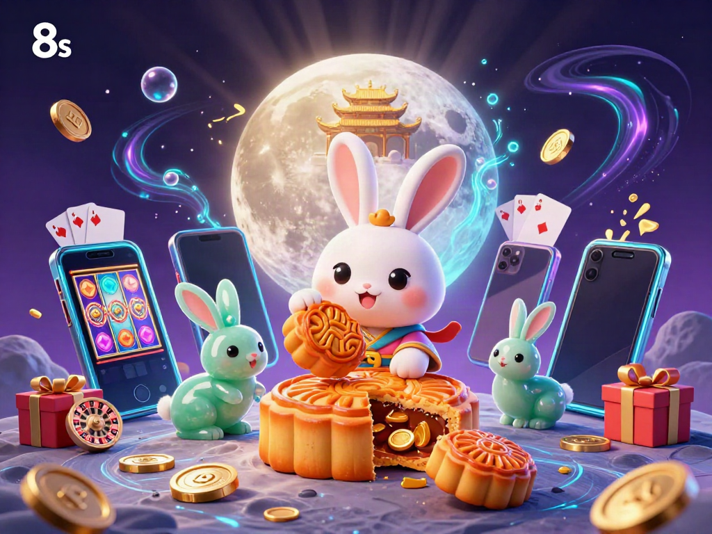 8s casino-themed graphic featuring a moon rabbit, poker chips, and vibrant gambling elements