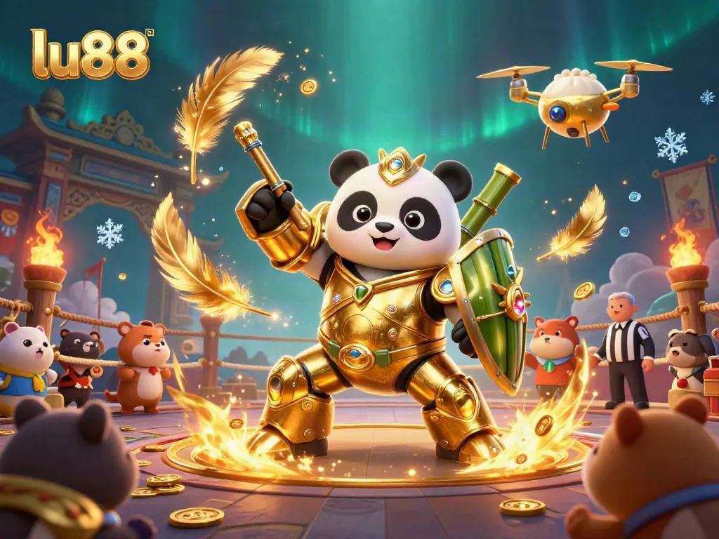 Engage with thrilling action at lu88, featuring a mech-suit panda battling in a vibrant casino arena with lively betting elements.