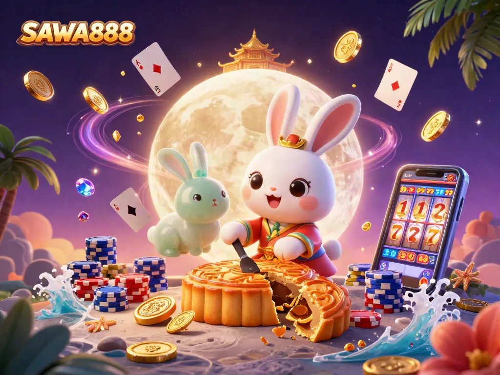 Experience SAWA888 Casino Magic with a playful moon rabbit and vibrant gaming elements.