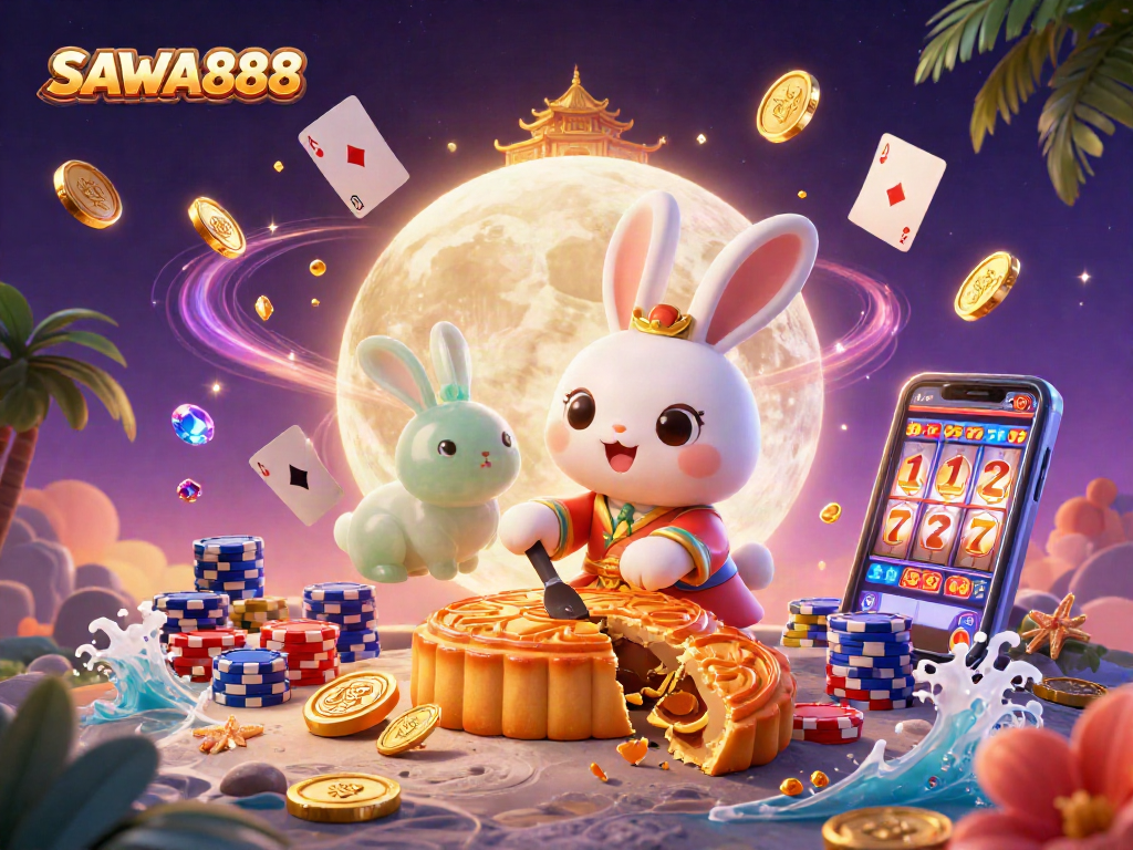 Experience SAWA888 Casino Magic with a playful moon rabbit and vibrant gaming elements.