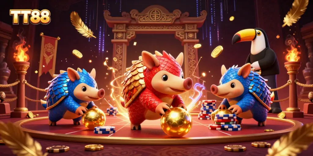 Experience the thrill of TT88 with rival pangolins bowling through poker chips in a vibrant casino scene.