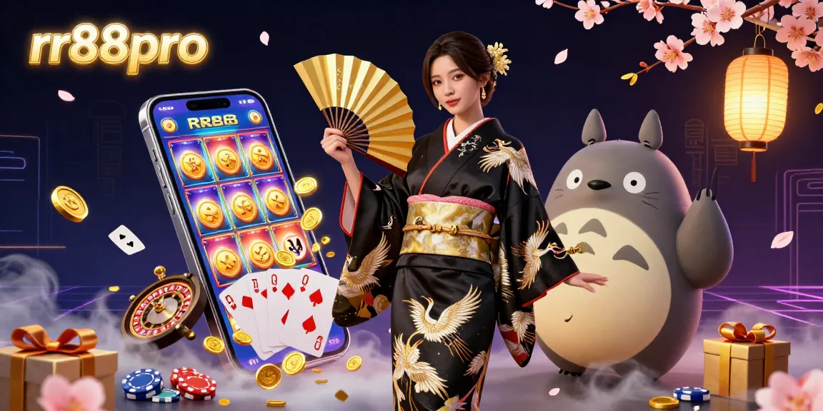 Engage in thrilling gameplay at rr88pro with an illustration of an Asian woman in kimono, surrounded by casino elements.