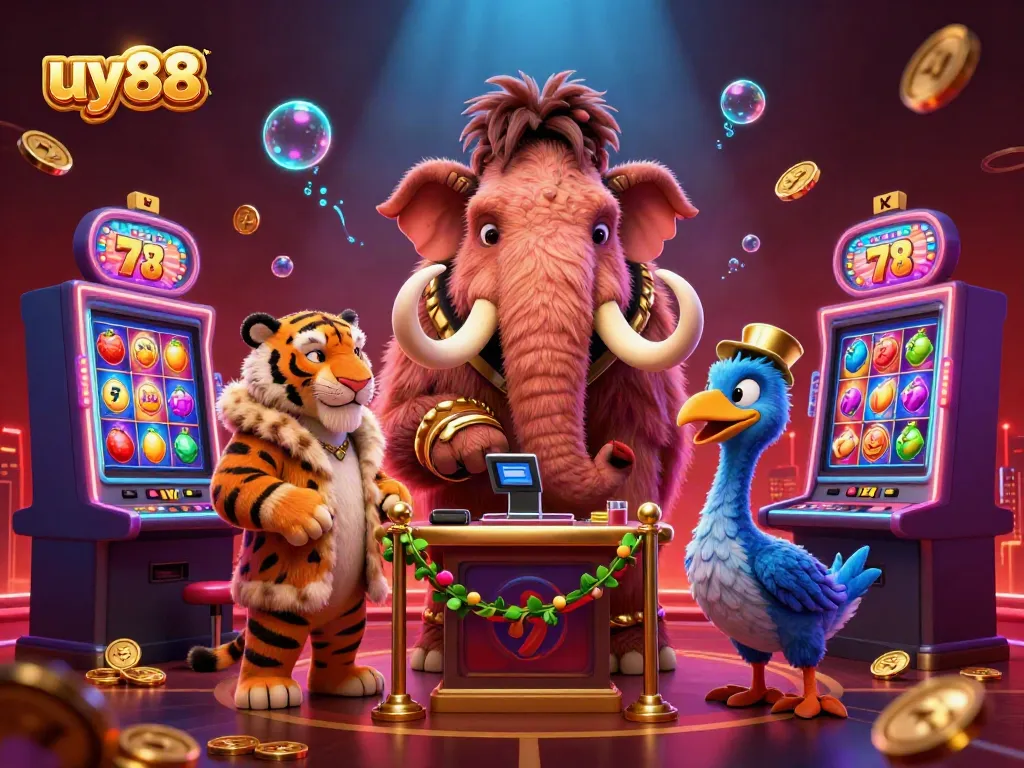 Experience the exciting world of uy88 with a vibrant 3D casino scene featuring animated characters and slot machines.