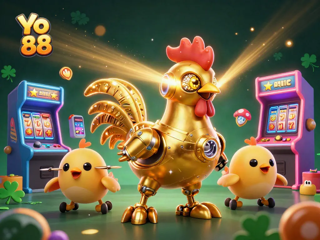 Engage with Yo 88's vibrant casino adventure featuring golden rooster robot and chick drones amidst dynamic game elements.