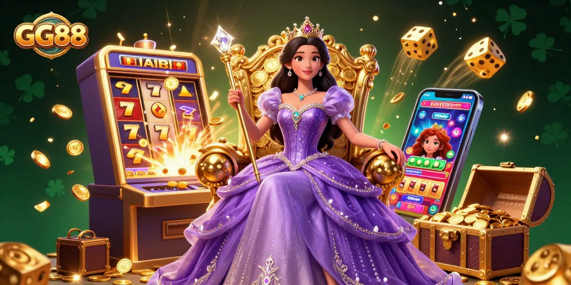GG88 showcases a vibrant scene of excitement with a captivating Asian princess and an explosion of casino elements.