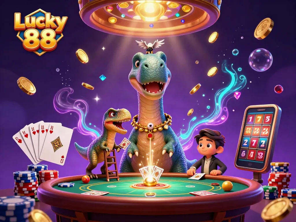 Experience exhilaration at Lucky 88 with a thrilling casino scene showcasing dynamic characters and gaming elements.