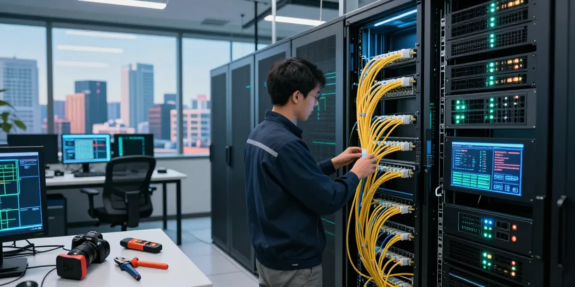 Technician working with fiber optic cables in a modern data center environment, showcasing advanced network connectivity solutions.