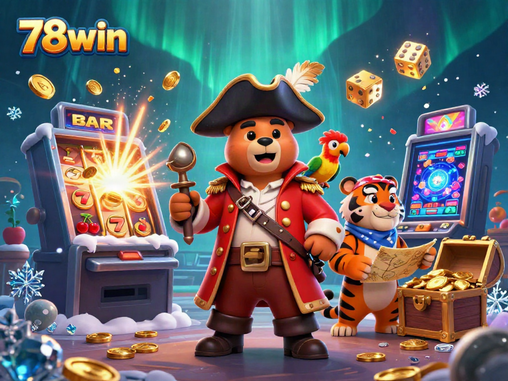 Experience jackpot excitement at 78win with a dynamic 3D scene of pirate-themed characters and casino elements.