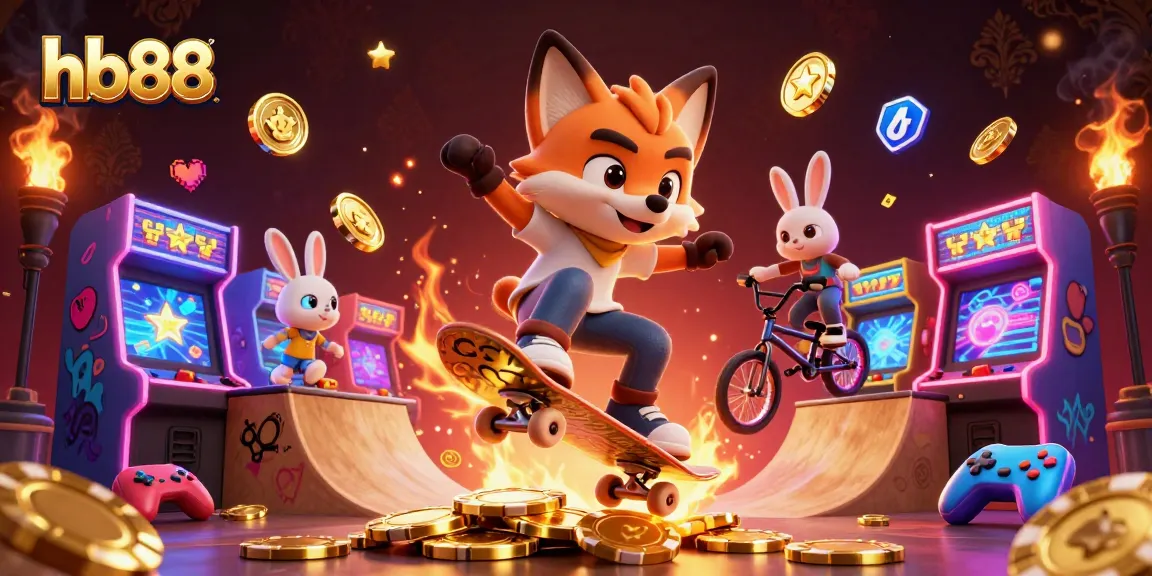 hb88 casino fun illustrated with a skateboarder fox and BMX rabbit amidst vibrant gaming elements