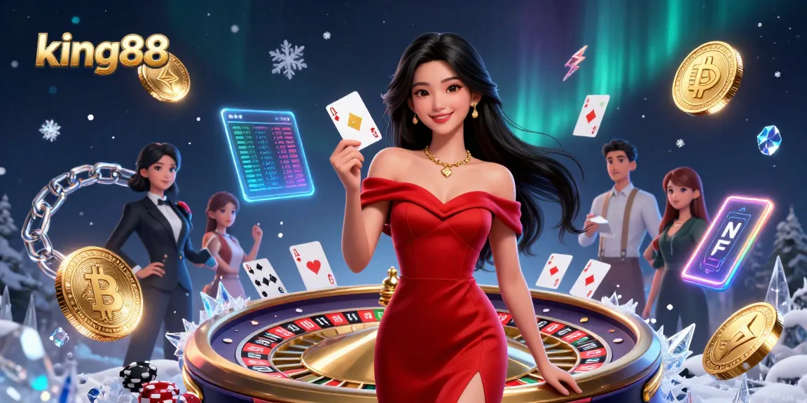 Red-dressed woman with poker card at king88 casino, showcasing vibrant game elements.
