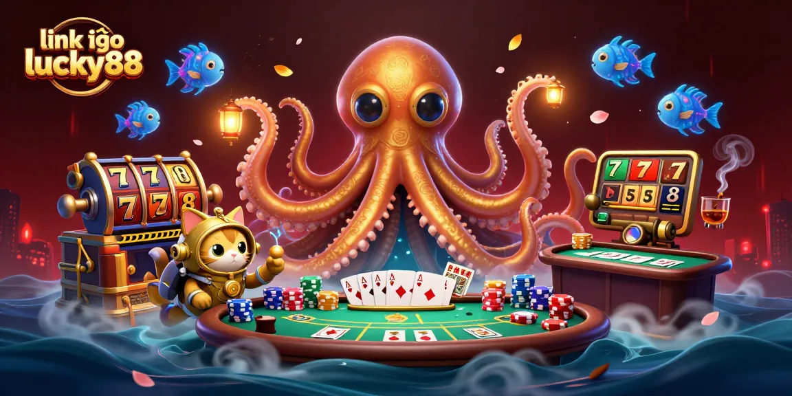 Engage with link vào lucky88 through an exciting 3D illustration of a kraken and diving cat in a vibrant casino scene.
