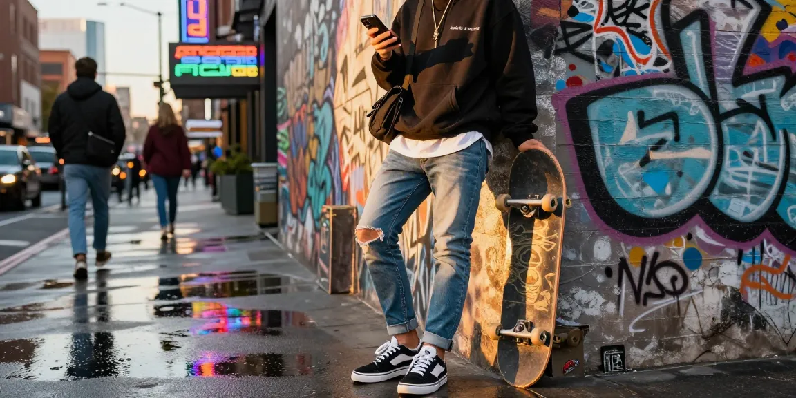 Essentials hoodie worn in urban fashion setting, showcasing modern street style.