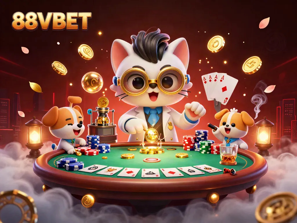 88VBET showcases a lively 3D scene with a mad scientist cat and assistant, poker elements, and vibrant gold coins.