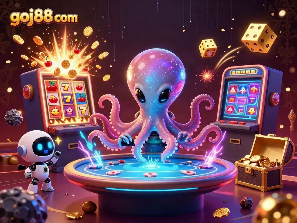 Engage with thrilling gaming excitement at goj88 com, featuring a vibrant alien-themed casino scene with exciting poker and jackpot action.