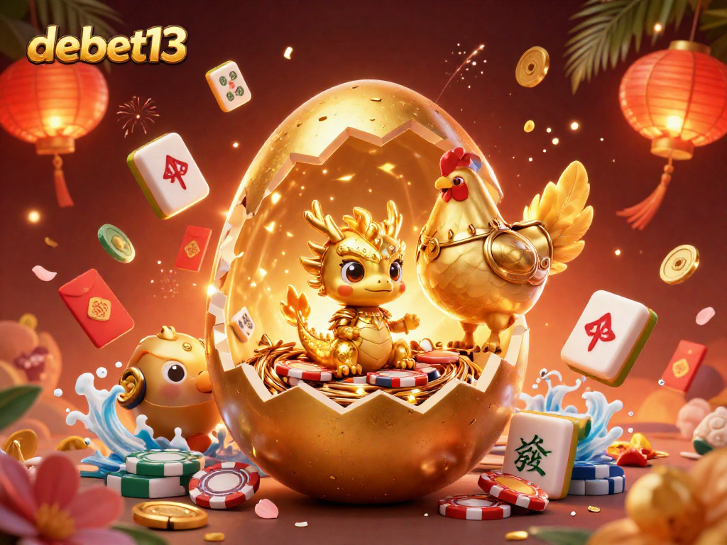 Experience the thrill of debet13 with a vibrant 3D casino illustration showcasing lucky symbols and golden treasures.