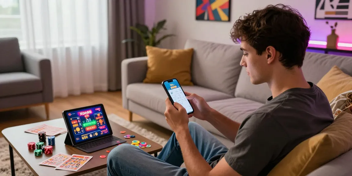xoso66 mobile gaming experience with enthusiast using smartphone and casino props in bright living room