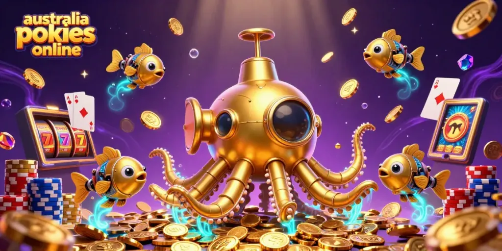 Play thrilling australia pokies online with a golden kraken submarine and dynamic casino elements.