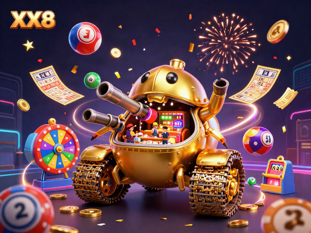 Engage with the vibrant world of XX8, featuring a rich casino scene bursting with lottery balls and prizes.