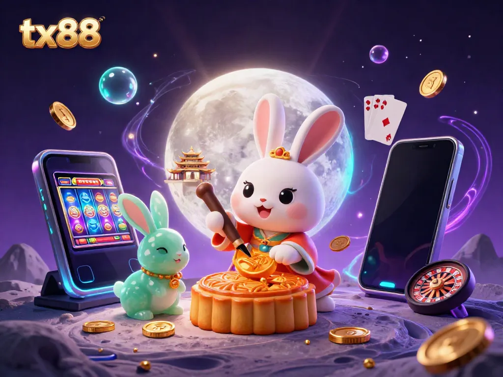 Experience thrilling gambling at tx88 with a creatively detailed illustration showcasing a moon rabbit and vibrant casino elements.