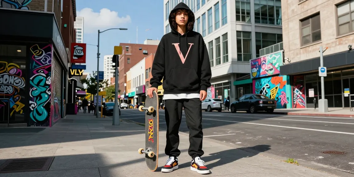 Youth in stylish Vlone hoodie on city street, embodying urban streetwear culture.