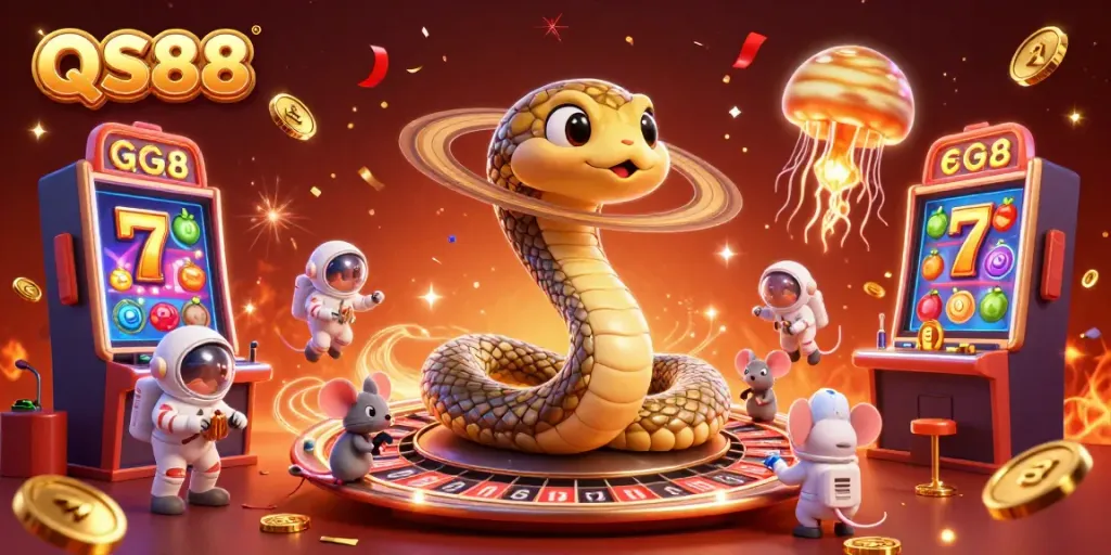 Celebrate wins at QS88 with vibrant slot reels, astronauts betting, and a cosmic dealer.