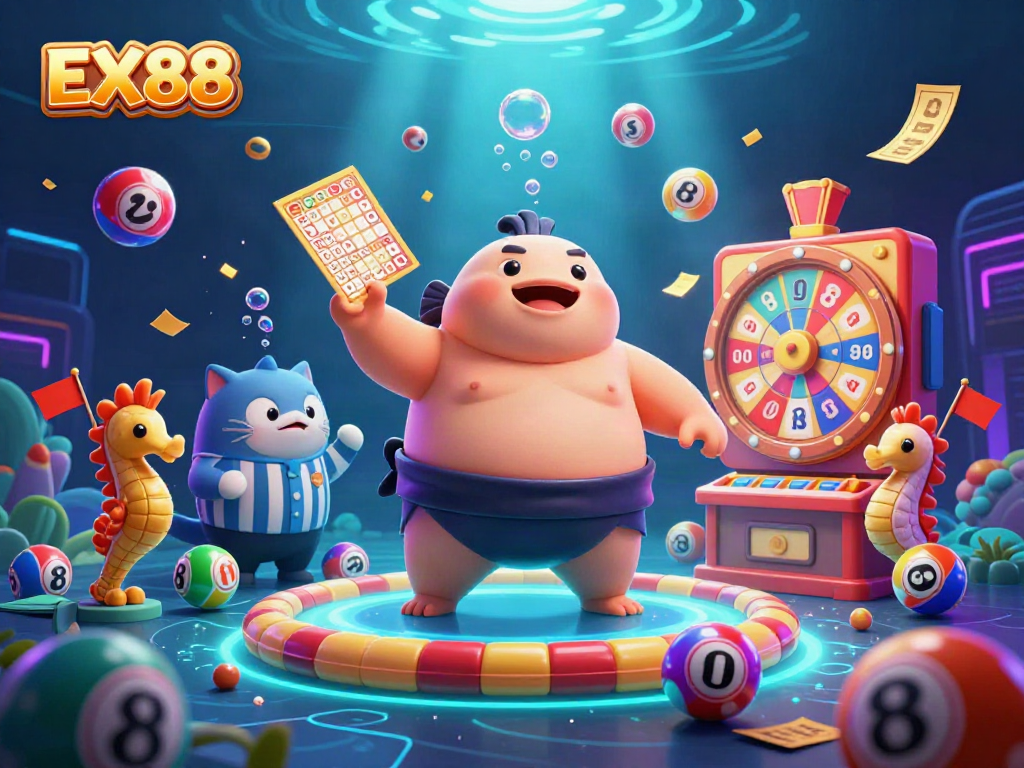 Engage in the vibrant casino world of EX88 with an energetic underwater scene featuring a fugu, catfish, and playful seahorses.