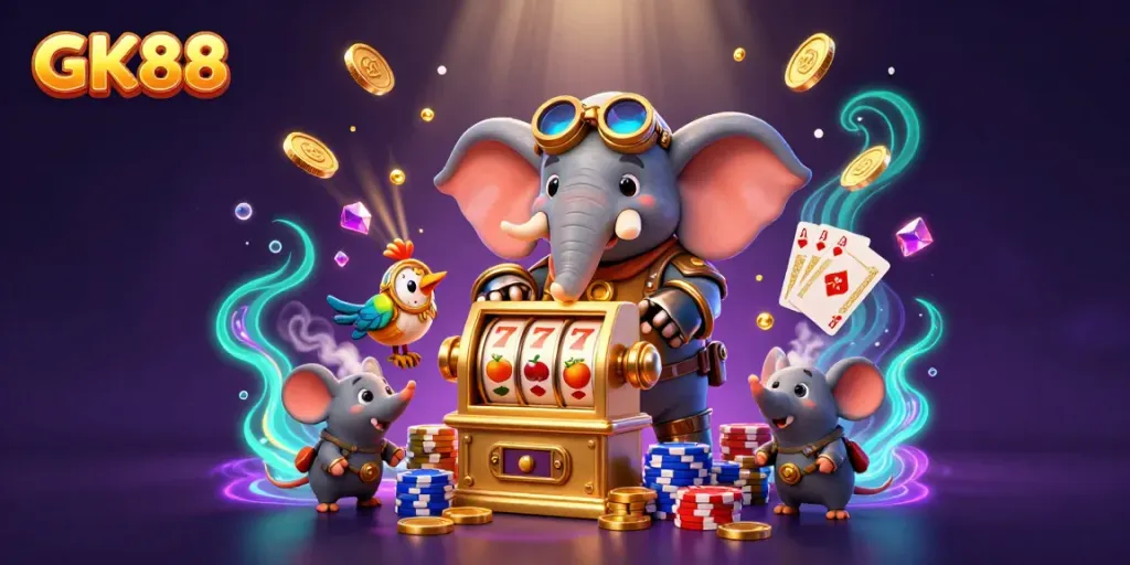 Experience GK88 slots adventure with steampunk characters and vibrant casino elements.